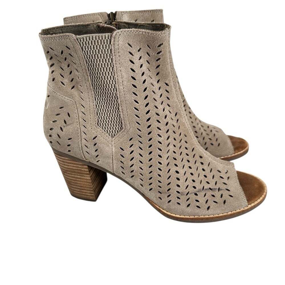 TOMS Majorca Peep Toe Booties Womens 9.5 Beige Cutout Suede Ankle Heels